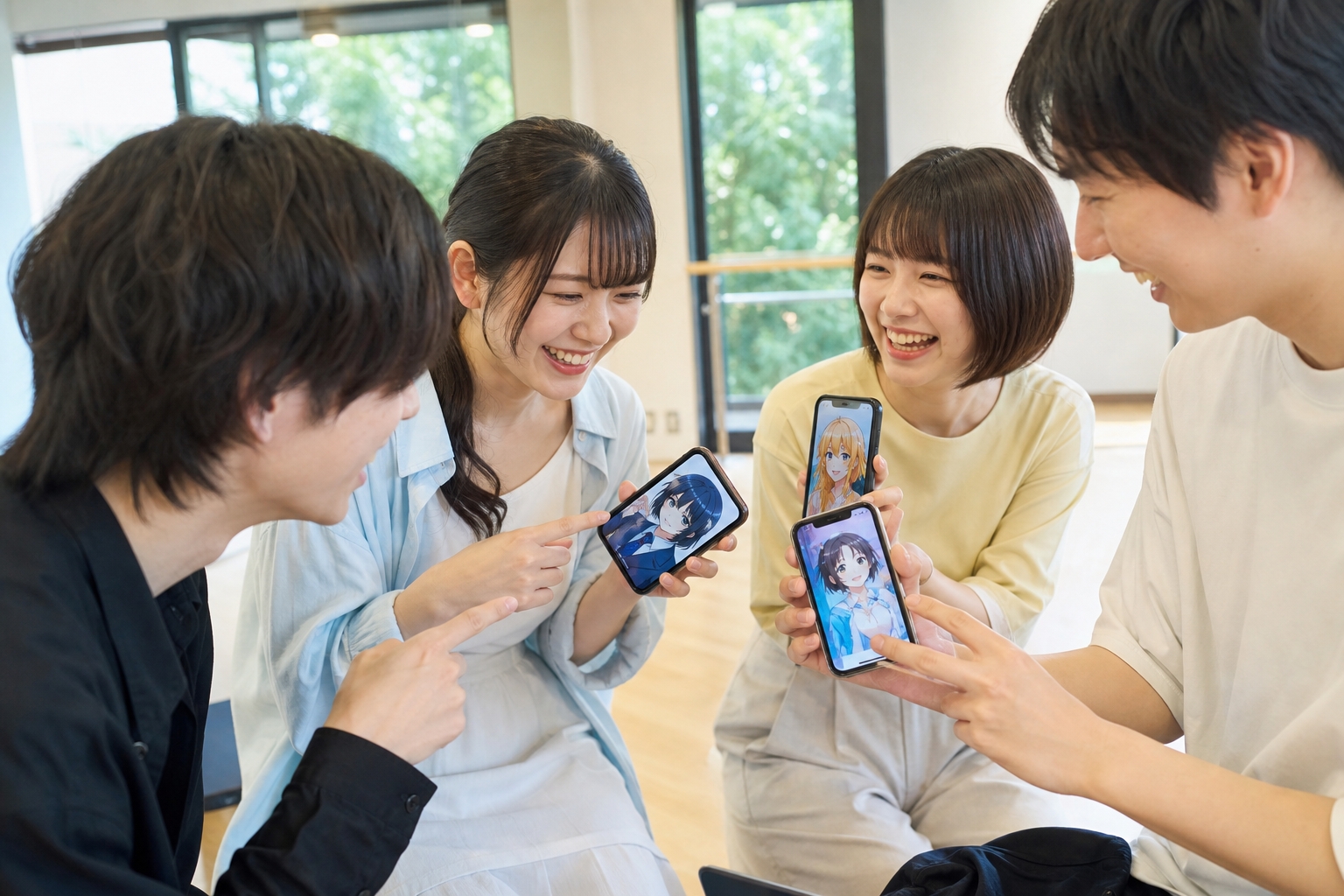 生成したキャラ画像をグループで見せ合って盛り上がる仲間たち