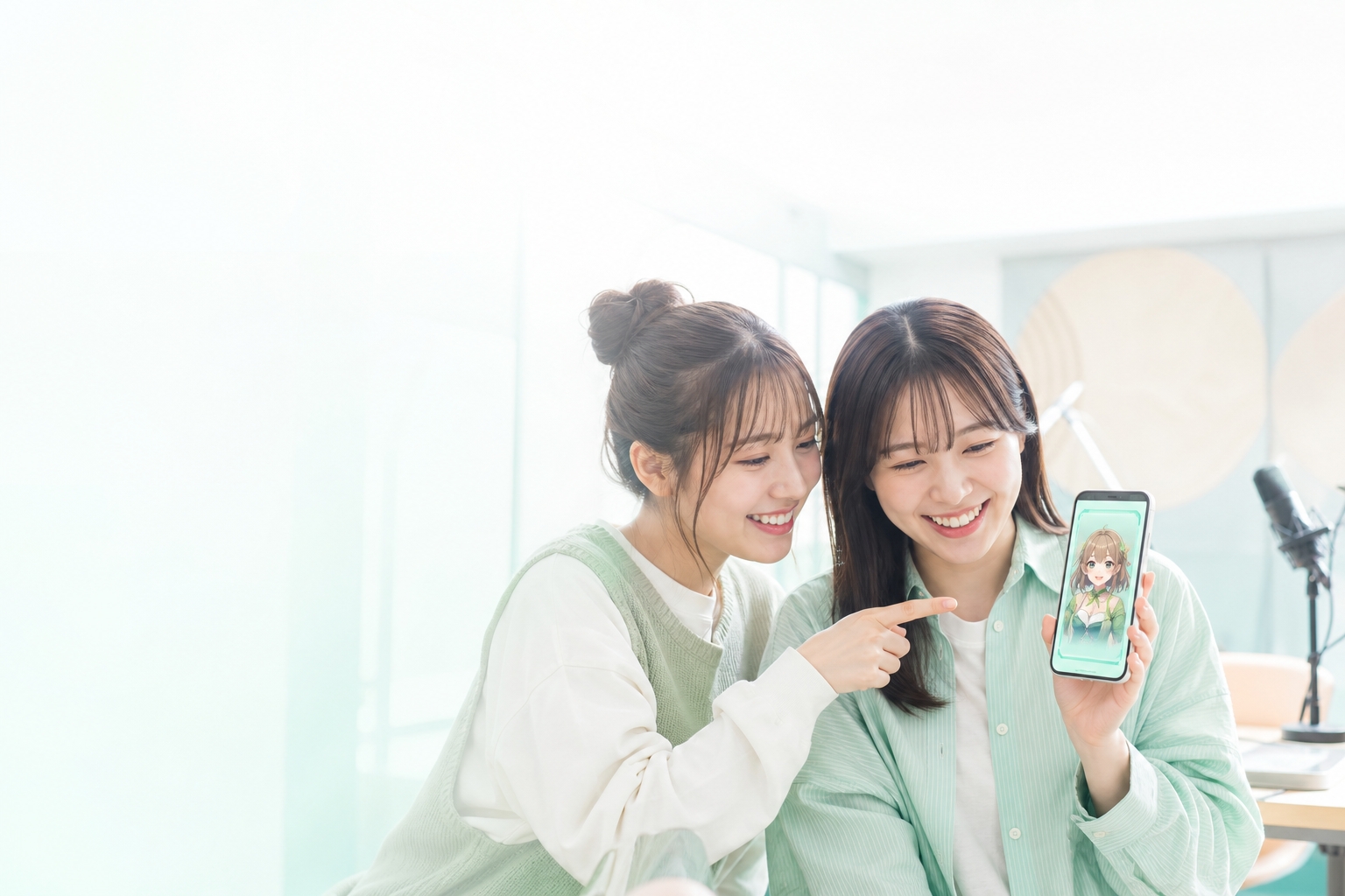生成したキャラクターの画面を仲間2人で一緒にのぞいて笑い合う様子